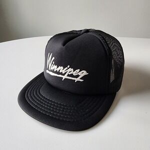 Vintage Winnipeg Trucker Hat SnapBack Mesh‎ Back Black White Script 80s Korea